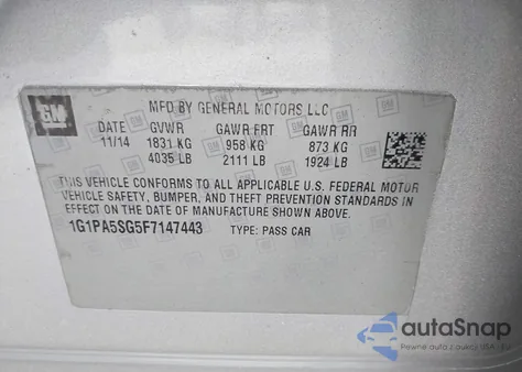 2015 Chevrolet Cruze Ls Auto из США, поврежденный, VIN 1G1PA5SG5F7147443